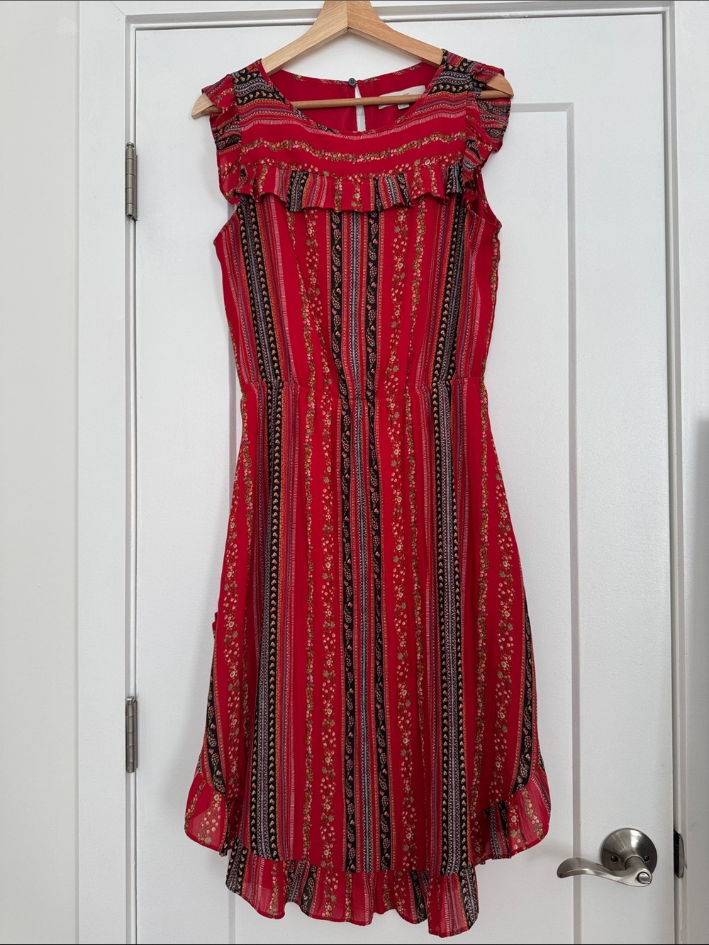 LOFT Red Striped Ruffle Midi Dress
